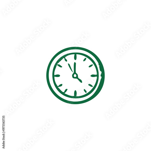 Green outlined analog clock icon with hands and hour markings, white background