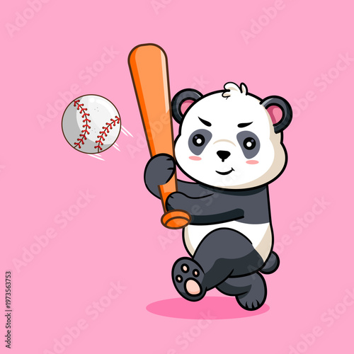 Cute Cartoon Panda Playing Baseball Vector Illustration Kawaii Animal