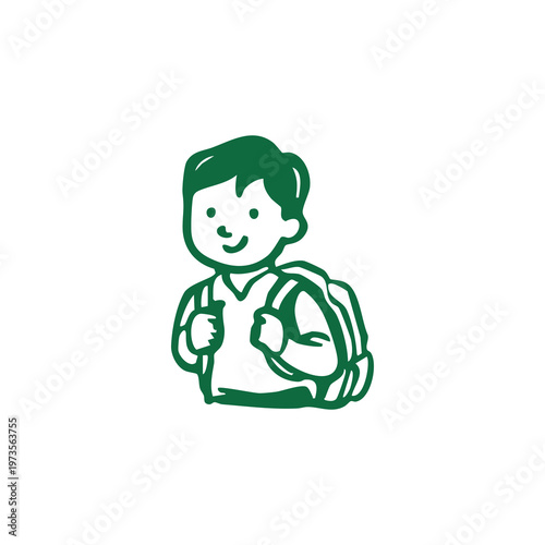 Cartoon boy with a backpack, simple green illustration, smiling, clean white background