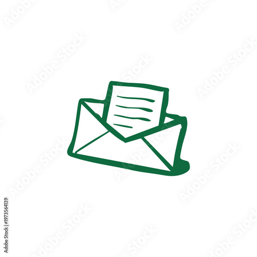 Green hand-drawn envelope with paper inside on a white background