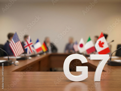 G7 summit meeting with flags of member countries and G7 letters on wooden table in conference room setting. concepts of international diplomacy, high-level political negotiation, global strategy