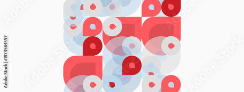 Abstract composition featuring overlapping circles, squares. Red, blue hues dominate design. Minimalist aesthetic, clean lines present.