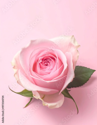 A close-up shot of a single, delicate pink rose, with layers of petals gently unfurling. A green leaf adds contrast against the pink backdrop