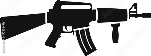 Black silhouette of a tactical assault rifle carbine with magazine and vertical grip isolated on white background for military weapon designs
