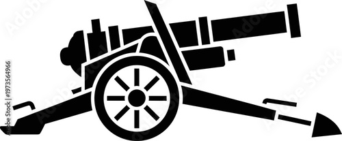 Black silhouette of a vintage military artillery cannon field gun weapon used in historic battles isolated on a plain white background
