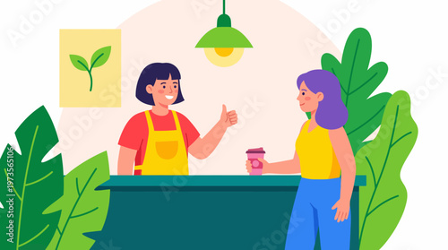 Two women chat at a modern cafe counter surrounded by plants, sharing coffee in a cozy indoor setting.