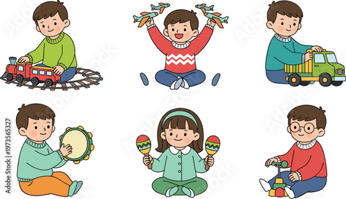 Cute Children Playing with Toys Vector Set Featuring Train, Airplane, Car, Drum, Maracas, and Building Blocks Fun Activities