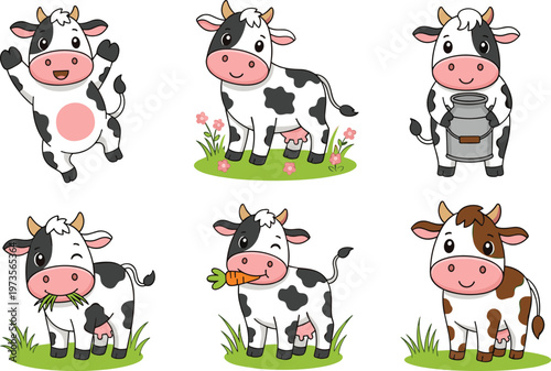 Cute Cartoon Cow Character Vector Set Featuring Dairy Farm Animals Eating Grass, Holding Milk Can, and Playful Farmyard Poses Collection
