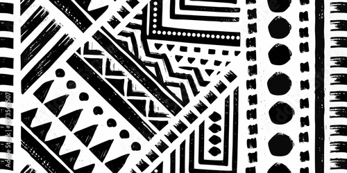 Abstract black and white brushstroke pattern with geometric shapes