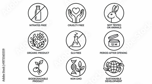 Set of eco-friendly product badges showing cruelty-free, not tested on animals, organic, vegan, natural ingredients and recyclable sustainability icons
