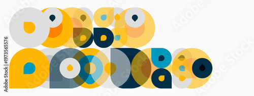 Abstract circles overlap, creating colorful patterns. Shapes vary sizes, hues. Design feels modern, playful.