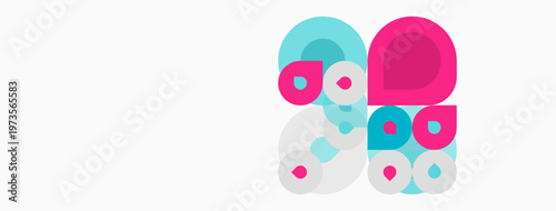 Abstract composition featuring overlapping circles. Pink, turquoise, white hues create playful visual effect. Minimalist design, clean aesthetic.