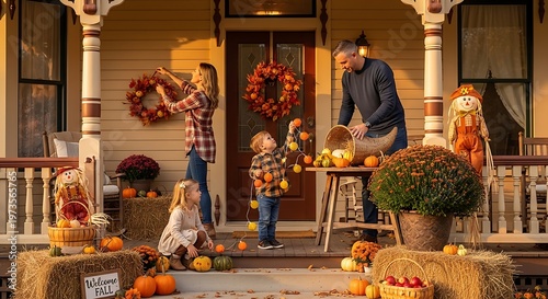 Family Decorating Porch for Autumn Harvest Festival Celebration.