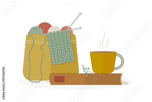 Knitting basket, yarn balls, book and tea cup. Wicker basket filled with yarn balls, knitwear, book and steaming mug of coffee. Cozy slow living, lifestyle, hygge, hobby, diy and handmade craft.Vector