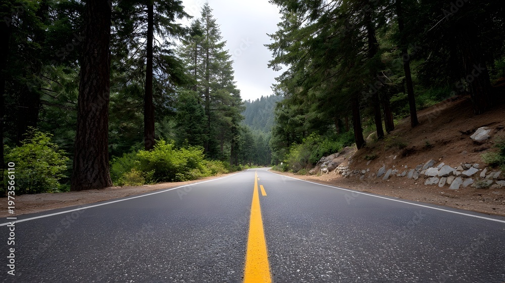 Obraz premium A straight asphalt road cuts through a dense verdant forest clearing suggesting a quiet journey into the natural wilderness