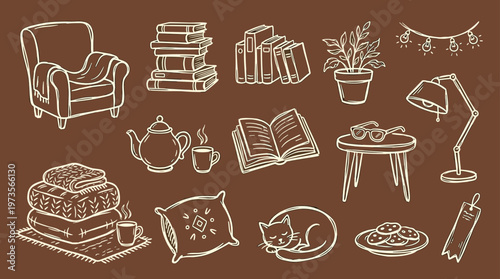 Cozy reading nook illustration with armchair, books, tea, and sleeping cat, perfect for hygge lifestyle and relaxation themes