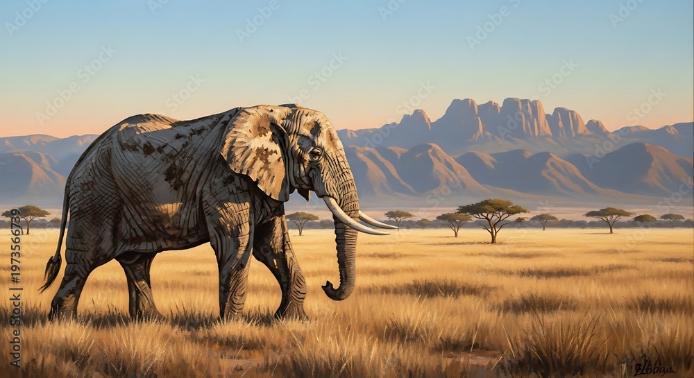 Fototapeta premium Majestic Elephant Roaming African Savannah at Sunset.