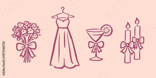 Romantic wedding doodle icon set hand drawn vector illustration