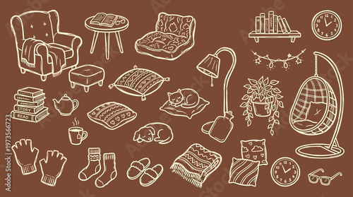 Cozy home interior elements and decor in a charming hand drawn sketch style on a brown background for comfort and relaxation themes