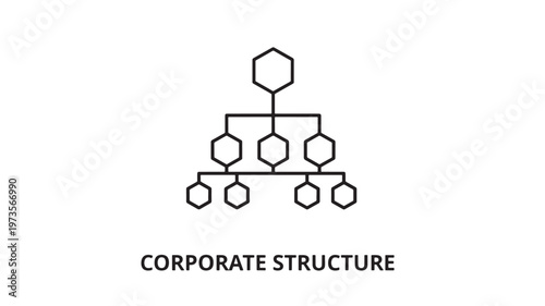 A simple black line art illustration of a corporate organizational chart with hexagons representing different levels of hierarchy on a white background, useful for business and management concepts.