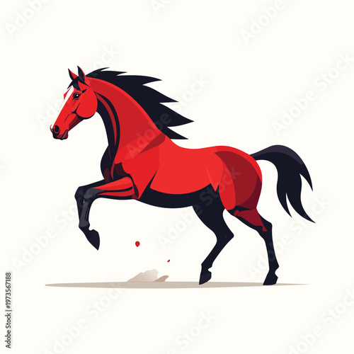 Red Rearing Horse with Black Mane Flat Vector Illustration on White