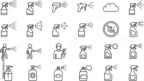 Cleaning spray bottle and sanitizer line icon set disinfectant mist hygiene antibacterial protection vector illustration minimal design collection