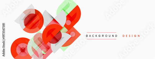 Abstract geometric shapes overlap. Red, green, pink hues create modern design. Minimalist style, clean background.