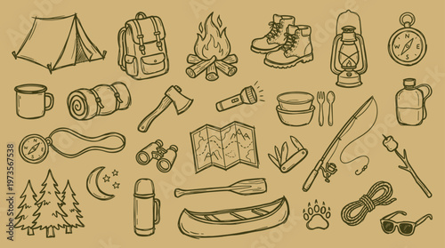 Camping and Outdoor Adventure Gear Collection Hand Drawn Sketch Elements for Travel and Recreation