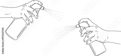 Hands spraying disinfectant sanitizer bottle hygiene protection concept antibacterial cleaning spray vector illustration minimal line art design