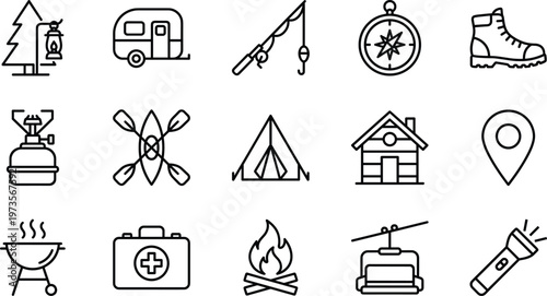 Set of outdoor adventure camping line icons including caravan, fishing rod, compass, hiking boot, tent, bonfire, cabin, grill and flashlight