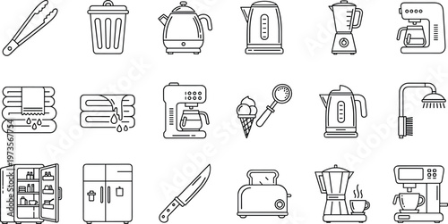Kitchen appliance and household items line icon set kettle blender coffee maker toaster fridge knife towels vector illustration collection