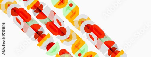 Abstract design features overlapping colorful shapes forming text. Bright hues create dynamic visual pattern. Simple, modern aesthetic.