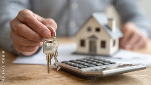 Real Estate Agent Handing Over House Keys with Calculator and Model Home.