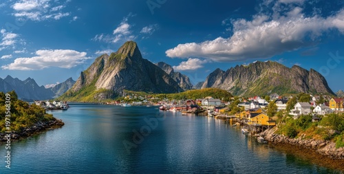 Picturesque Norwegian Village Nestled Among Majestic Mountains and Serene Fjord Waters.