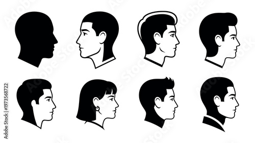 Set of black and white human profiles