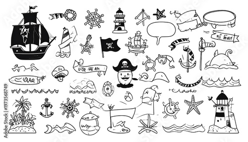 A collection of line art pirate-themed doodles, featuring ships, treasure maps, anchors, nautical elements, and cartoonish characters