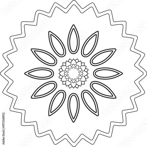Simple Geometric Flower Mandala Line Art. Symmetrical Circular Petal Ornament Design