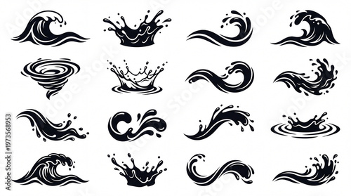 Set of black and white abstract water splashes and waves, representing liquid motion and dynamism
