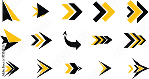Chevron Style Directional Arrow Elements Forward Motion Indicators High Contrast Black and Yellow UI Navigation Vector Set