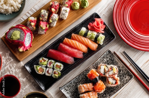 Assortment of Delicious Sushi and Rolls on a Table.