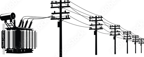 Electric Power Transformer and Utility Poles with Overhead Lines Silhouette Showing Electricity Transmission and Distribution Infrastructure Network System