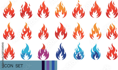 Print Creative Fire Flame and Colorful Bonfire Vector Icon Set
