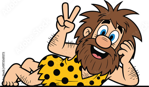 Funny Cartoon Caveman Showing Peace Sign Prehistoric Character Illustration with Beard and Animal Skin Outfit for Comic Design