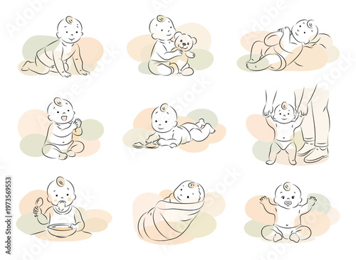 Baby moments minimalist line art in soft pastels collection,isolated background