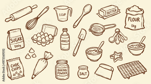 Hand drawn illustration of baking ingredients and tools set on a beige background for culinary creations and homemade recipes