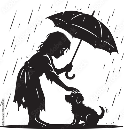 Kind little girl silhouette holding umbrella for a stray puppy in the rain, concept of animal care and compassion.