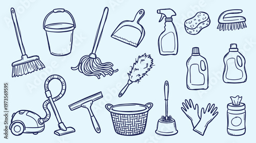 Collection of cleaning supplies and tools for household chores and hygiene, hand-drawn sketch style, isolated on light blue background