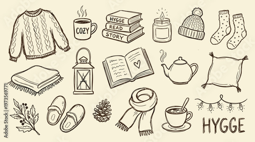Cozy hygge lifestyle elements hand drawn sketch illustration warm winter comfort symbols like sweater mug books candle hat socks blanket lantern scarf and tea