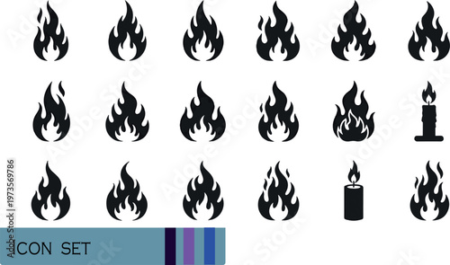 Print Fire Flame and Burning Candle Black Silhouette Icon Set