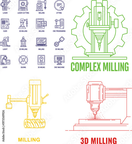 CNC Milling and Manufacturing Icon Set – Laser Cutting, 3D Milling, CNC Machine and Industrial Engineering Line Art Collection